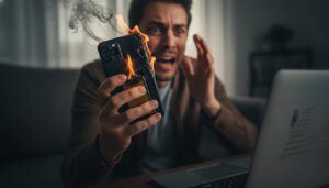 Hombre sosteniendo un móvil en llamas tras un fallo de batería, mostrando sorpresa y peligro por sobrecalentamiento del teléfono