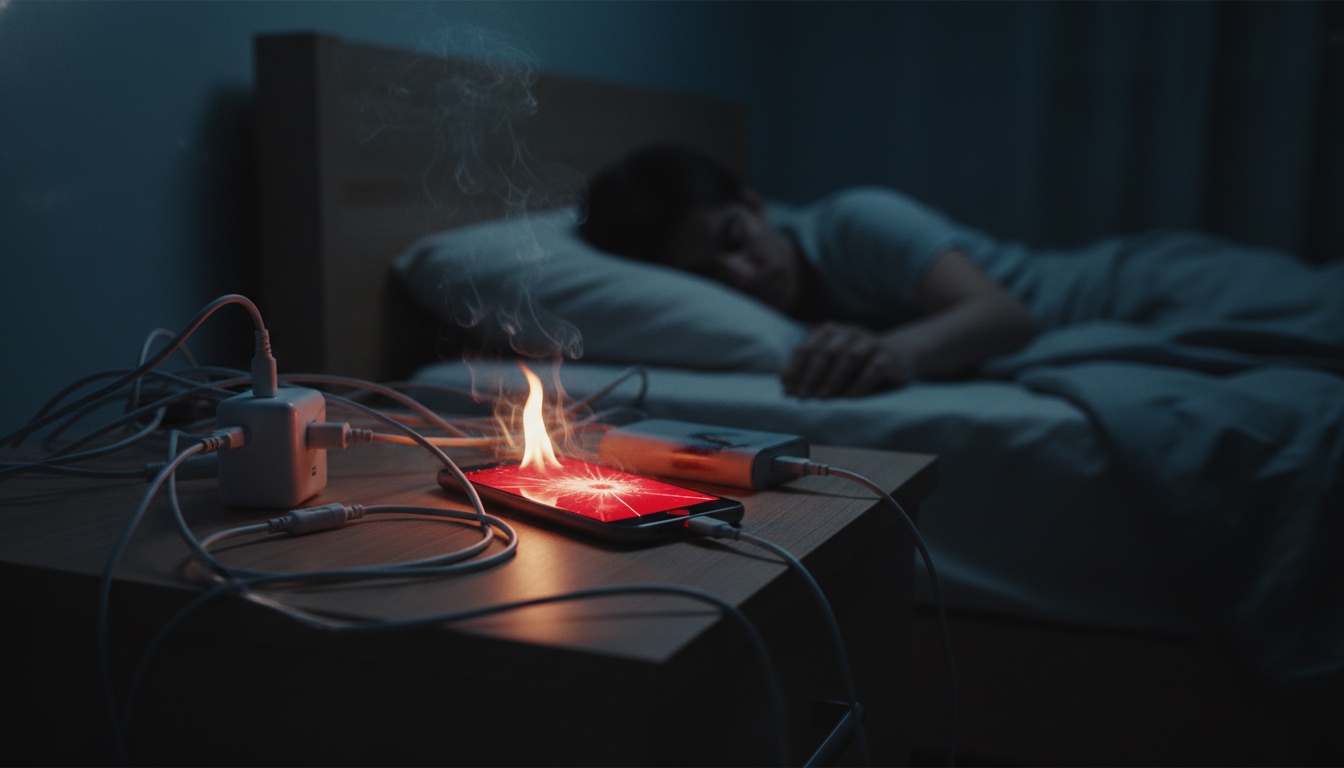 Teléfono ardiendo en la mesilla mientras su dueño duerme, escena que muestra el riesgo de cargar el móvil por la noche.