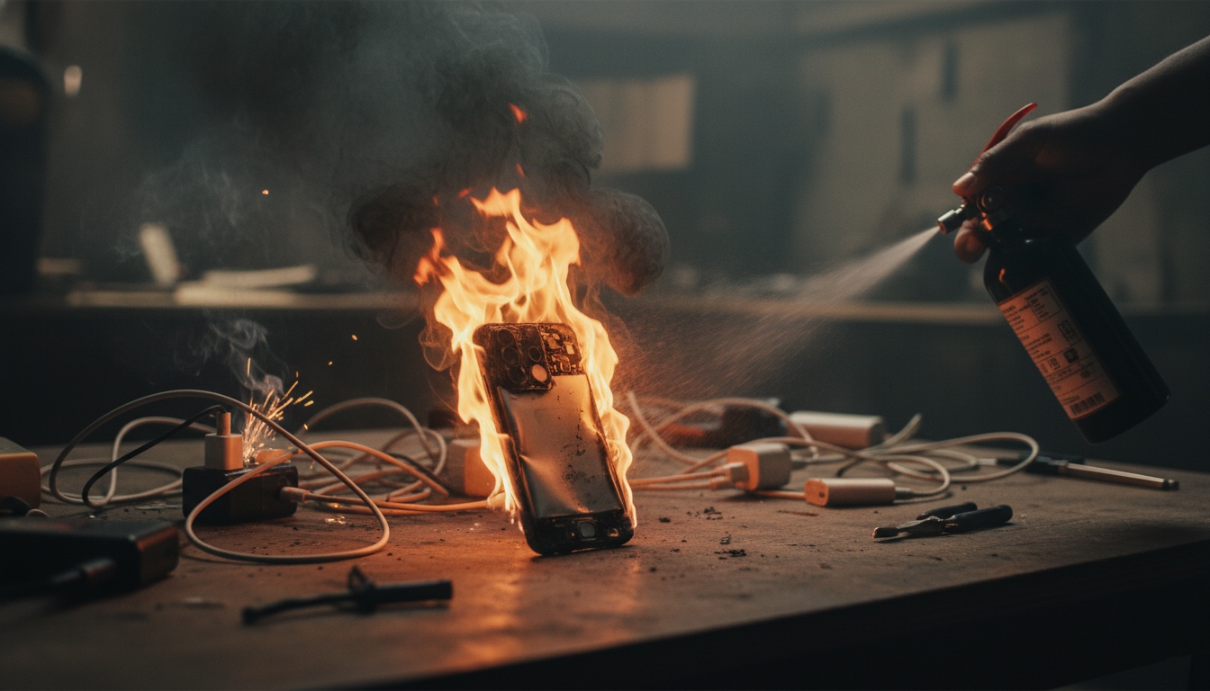Móvil envuelto en llamas y cables sobrecalentados en un taller, ilustrando un fallo grave de batería y peligro eléctrico.