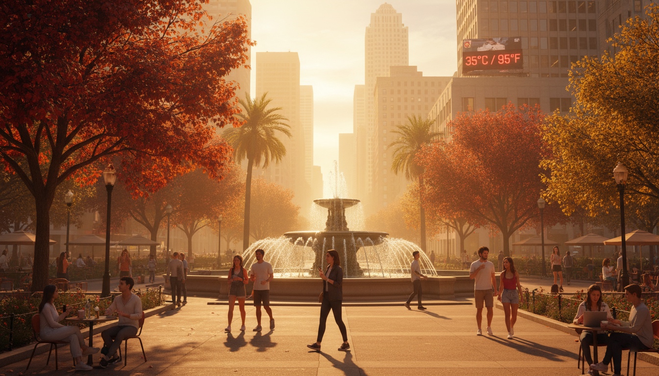 Plaza con fuente central y gente caminando y tomando algo en terrazas, rodeada de árboles otoñales y edificios, en un día de calor con 35 grados centígrados en el termómetro.