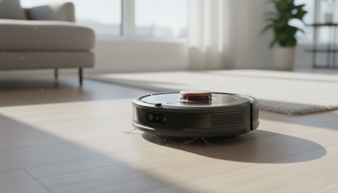 Robot aspirador Roomba operando en una sala de estar moderna