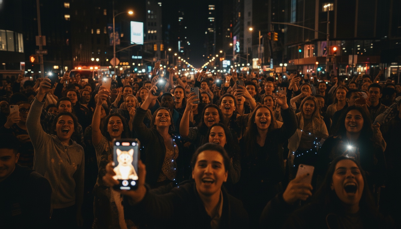 Personas usando dispositivos móviles y navegando redes sociales, ilustrando la viralidad y tendencias digitales en 2025