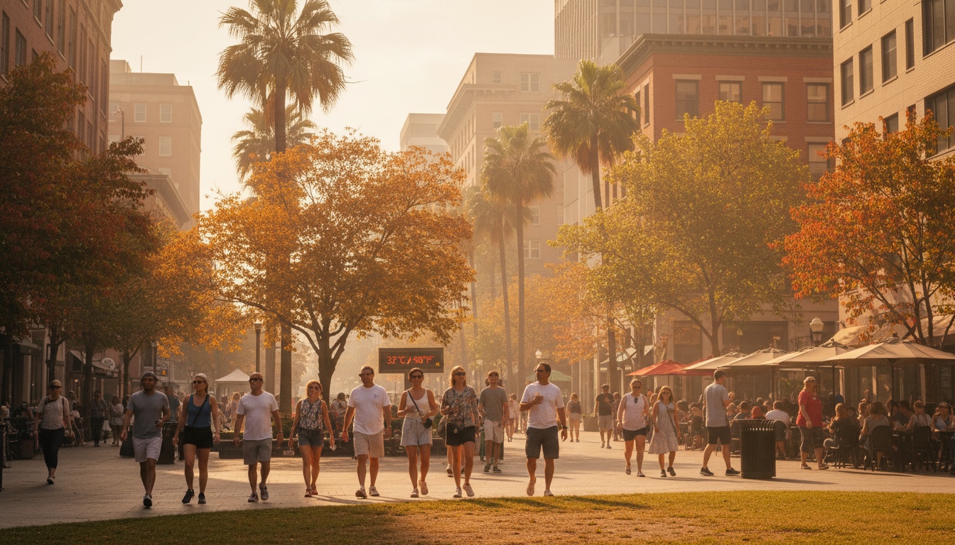 Personas paseando por una avenida urbana con palmeras y árboles otoñales durante una jornada de calor intenso, con un cartel mostrando 32 grados centígrados.