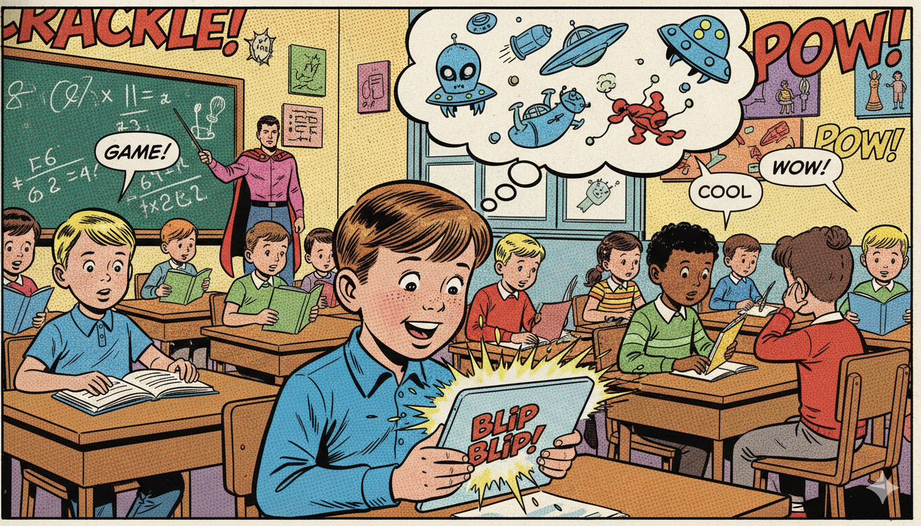 Un niño con una tableta en un aula, al estilo de un cómic, con globos de diálogo y onomatopeyas que realzan la escena