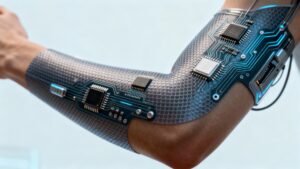 Visual futurista que muestra un brazo humano equipado con biosensores, piel electrónica sensible y chips implantables, representando tecnologías avanzadas de integración biomédica digital.