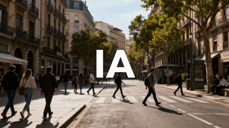 Fondo urbano mostrando una calle de ciudad con actividad diaria y personas, con un logo de inteligencia artificial (IA) superpuesto en el centro