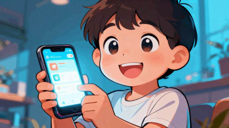 Niño usando móvil, dibujo estilo cómic, colores vibrantes, expresión amigable