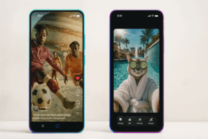 Dos smartphones modernos mostrando la interfaz de Meta Vibes con contenidos creativos en pantalla, sobre un fondo claro con disposición simétrica y estilo digital futurista