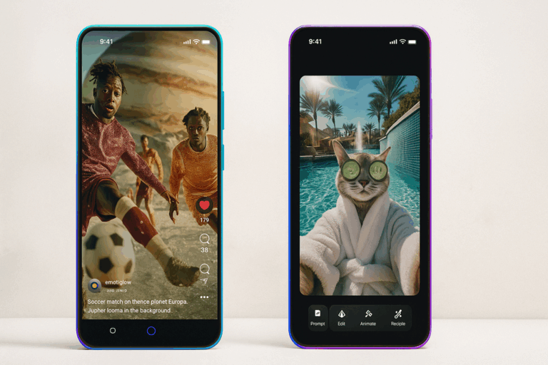 Dos smartphones modernos mostrando la interfaz de Meta Vibes con contenidos creativos en pantalla, sobre un fondo claro con disposición simétrica y estilo digital futurista
