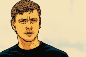Ilustración estilo cómic de un joven con expresión seria sobre un fondo claro.