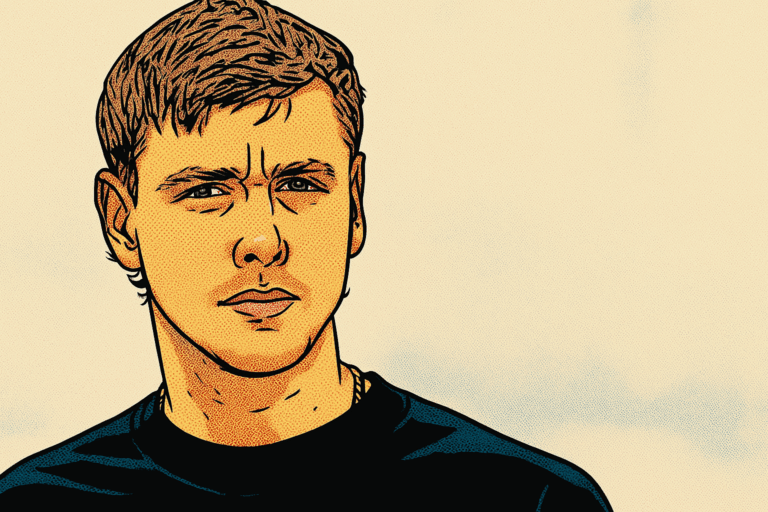Ilustración estilo cómic de un joven con expresión seria sobre un fondo claro.