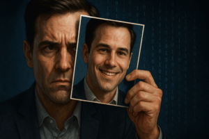 Ilustración de un deepfake mostrando a un hombre sujetando una versión falsa de su propio rostro, simbolizando los riesgos y la manipulación digital en 2025.