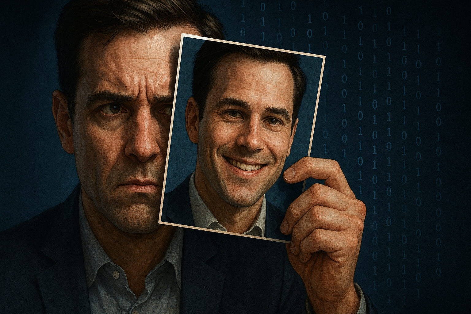 Ilustración de un deepfake mostrando a un hombre sujetando una versión falsa de su propio rostro, simbolizando los riesgos y la manipulación digital en 2025.