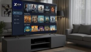 Televisor en un salón mostrando el menú de Xuper TV con películas y series en streaming