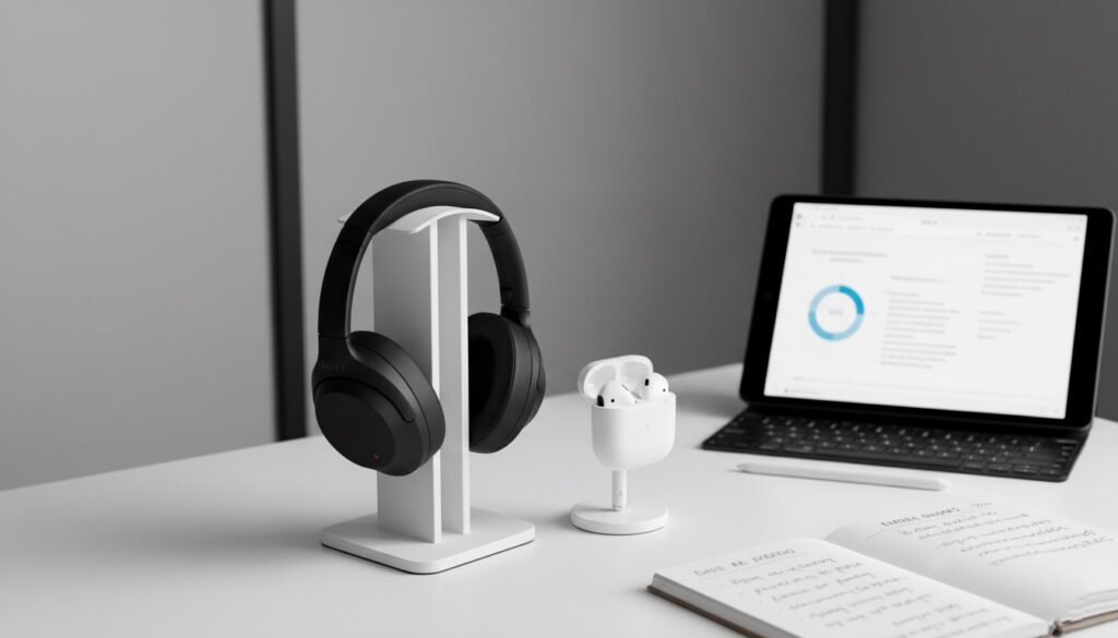 Auriculares Sony WH-1000XM5 y Apple AirPods Pro 3 en un escritorio junto a una tablet y un cuaderno, representando una guía de compra de auriculares inalámbricos.