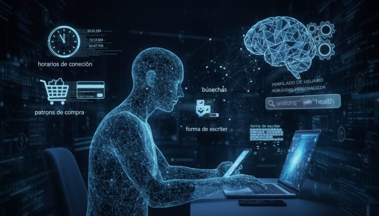 Figura humana formada por datos mientras un algoritmo analiza horarios de conexión y patrones de compra