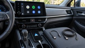 Teléfono conectado a un coche estacionado junto a dos cables USB de distinta longitud.