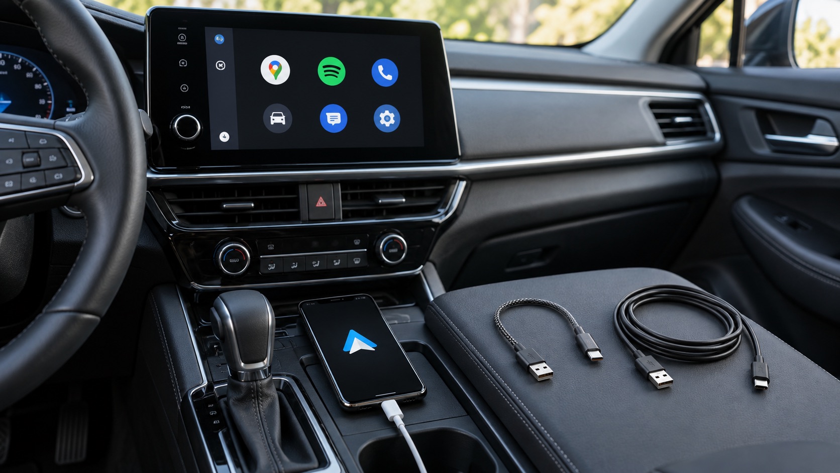 Teléfono conectado a un coche estacionado junto a dos cables USB de distinta longitud.
