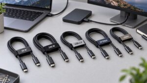 Matriz horizontal de cables USB-C identificados por potencia de carga, velocidad de datos y compatibilidad de vídeo.