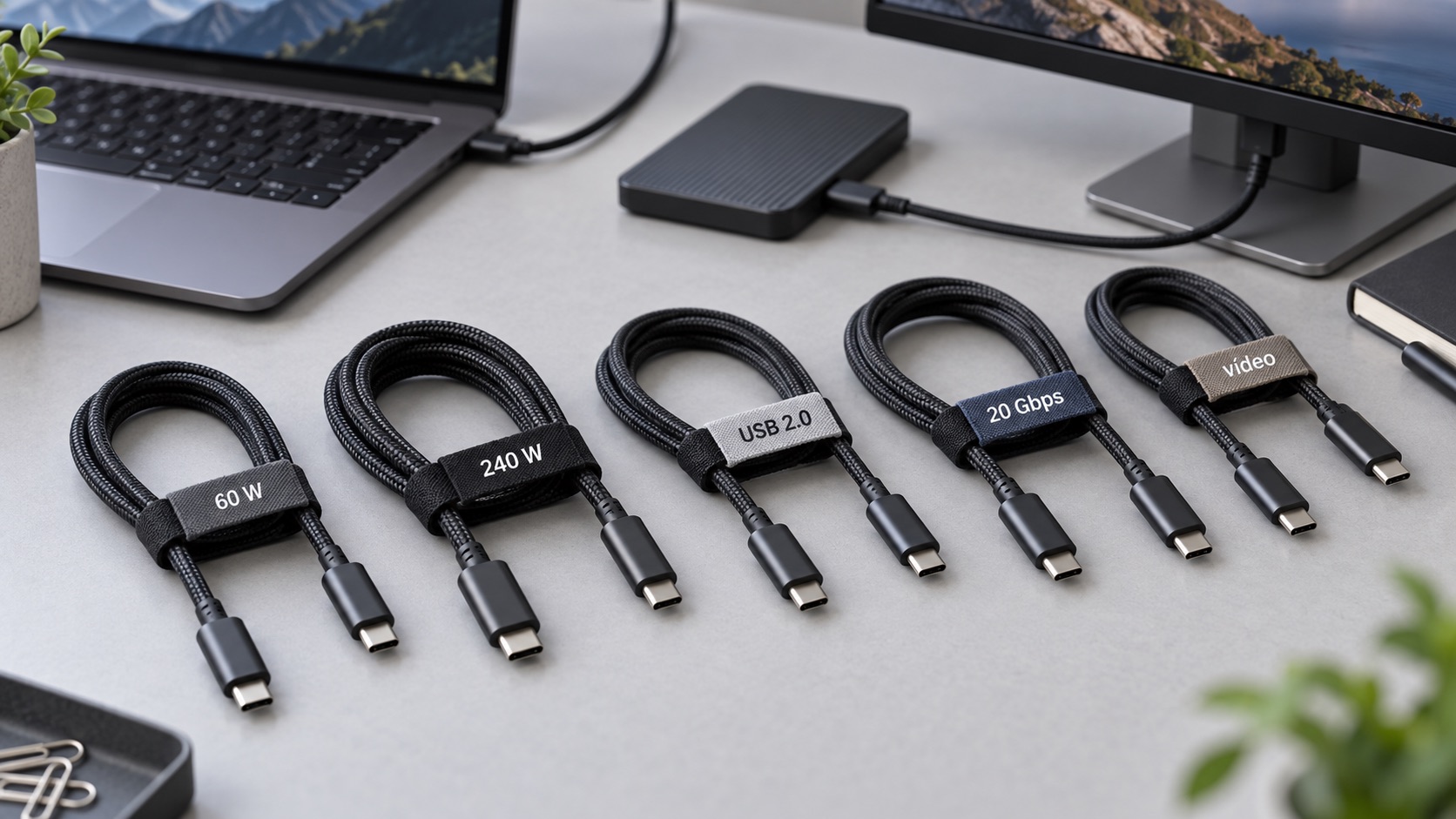 Matriz horizontal de cables USB-C identificados por potencia de carga, velocidad de datos y compatibilidad de vídeo.