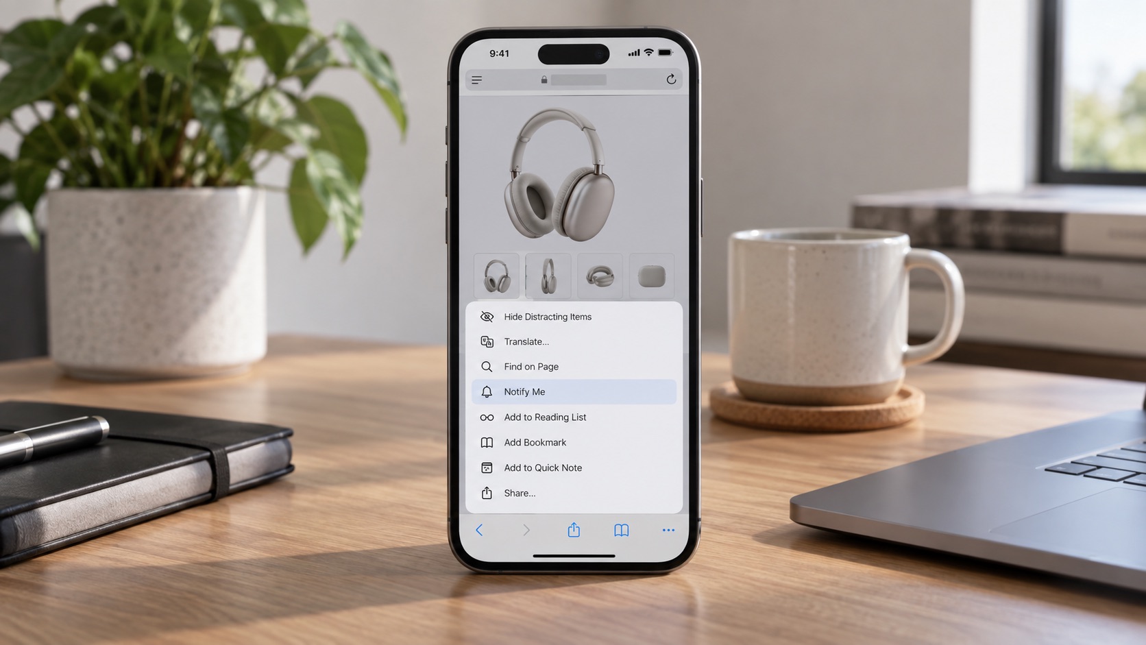 iPhone con una página de producto abierta en Safari y el menú Notify Me para seguir cambios