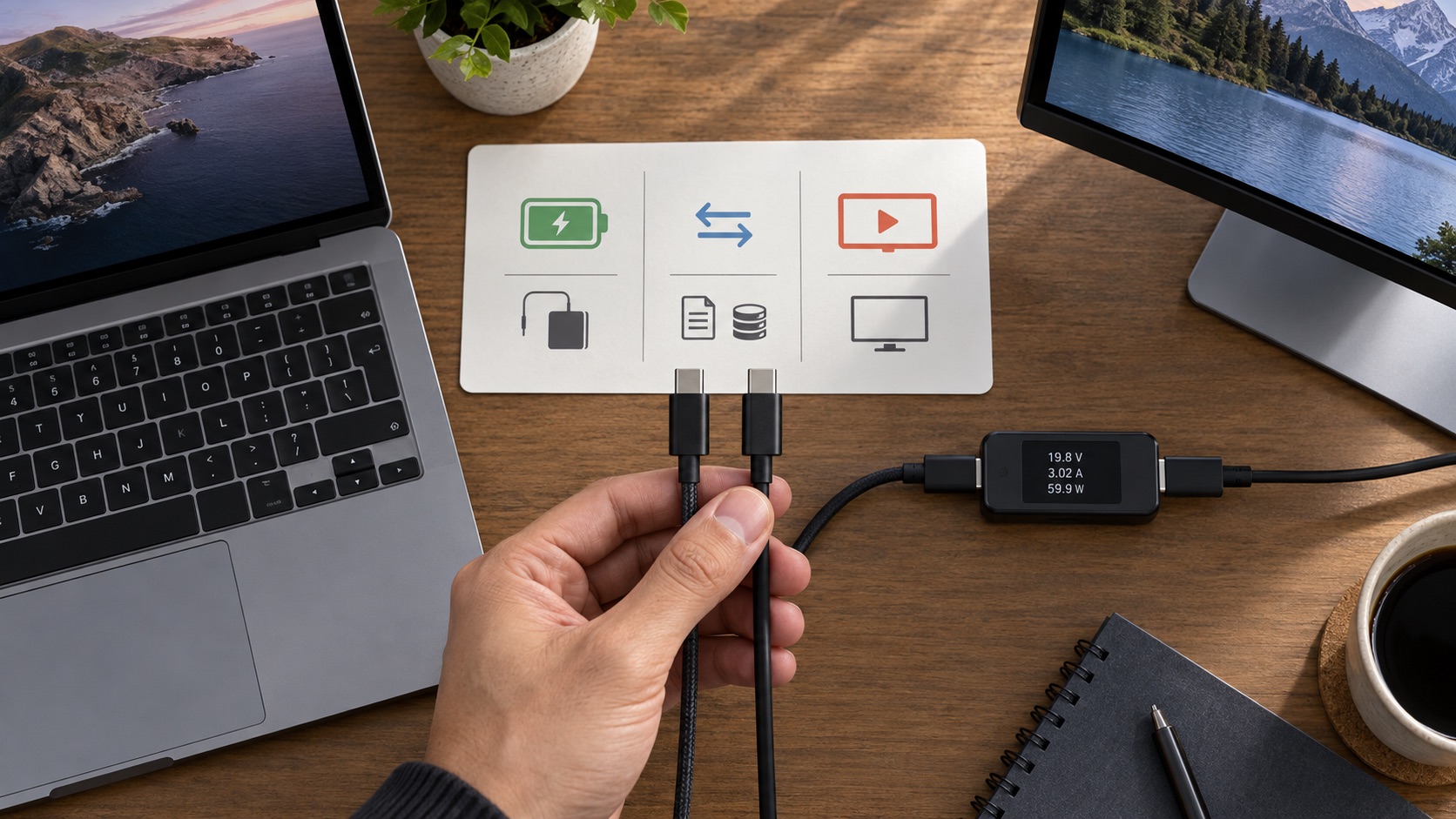 Matriz horizontal de cables USB-C identificados por potencia de carga, velocidad de datos y compatibilidad de vídeo.