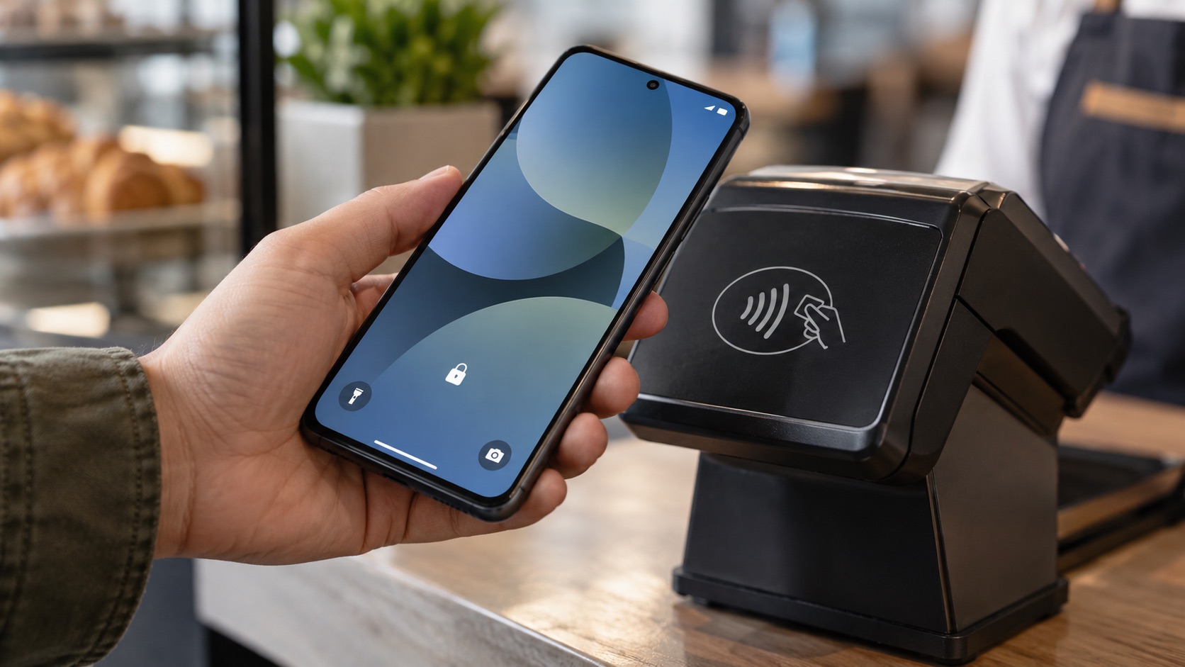 Móvil Android desbloqueado acercándose a un terminal de pago sin mostrar datos bancarios reales.