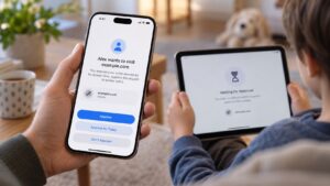 Solicitud de Ask to Browse en el iPhone de un adulto mientras el dispositivo del menor espera autorización.