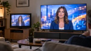Dos televisores muestran el mismo plano de TDT con distinto tamaño de pantalla y distancia de visualización.