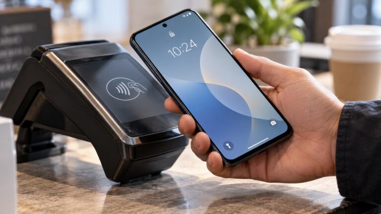Móvil Android desbloqueado acercándose a un terminal de pago sin mostrar datos bancarios reales.
