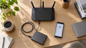 Disco externo conectado por USB a un router WiFi junto a un móvil que muestra el icono de conexión.