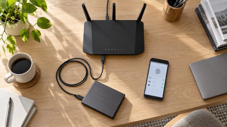 Disco externo conectado por USB a un router WiFi junto a un móvil que muestra el icono de conexión.