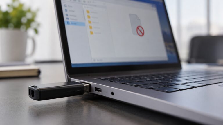 Pendrive conectado a un portátil con un aviso de Windows sobre protección contra escritura.