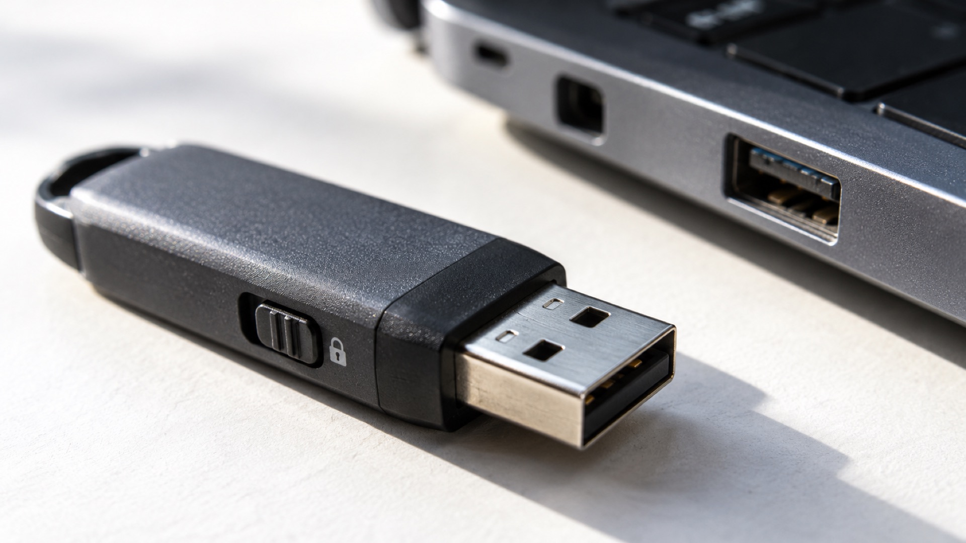 Pendrive conectado a un portátil con un aviso de Windows sobre protección contra escritura.