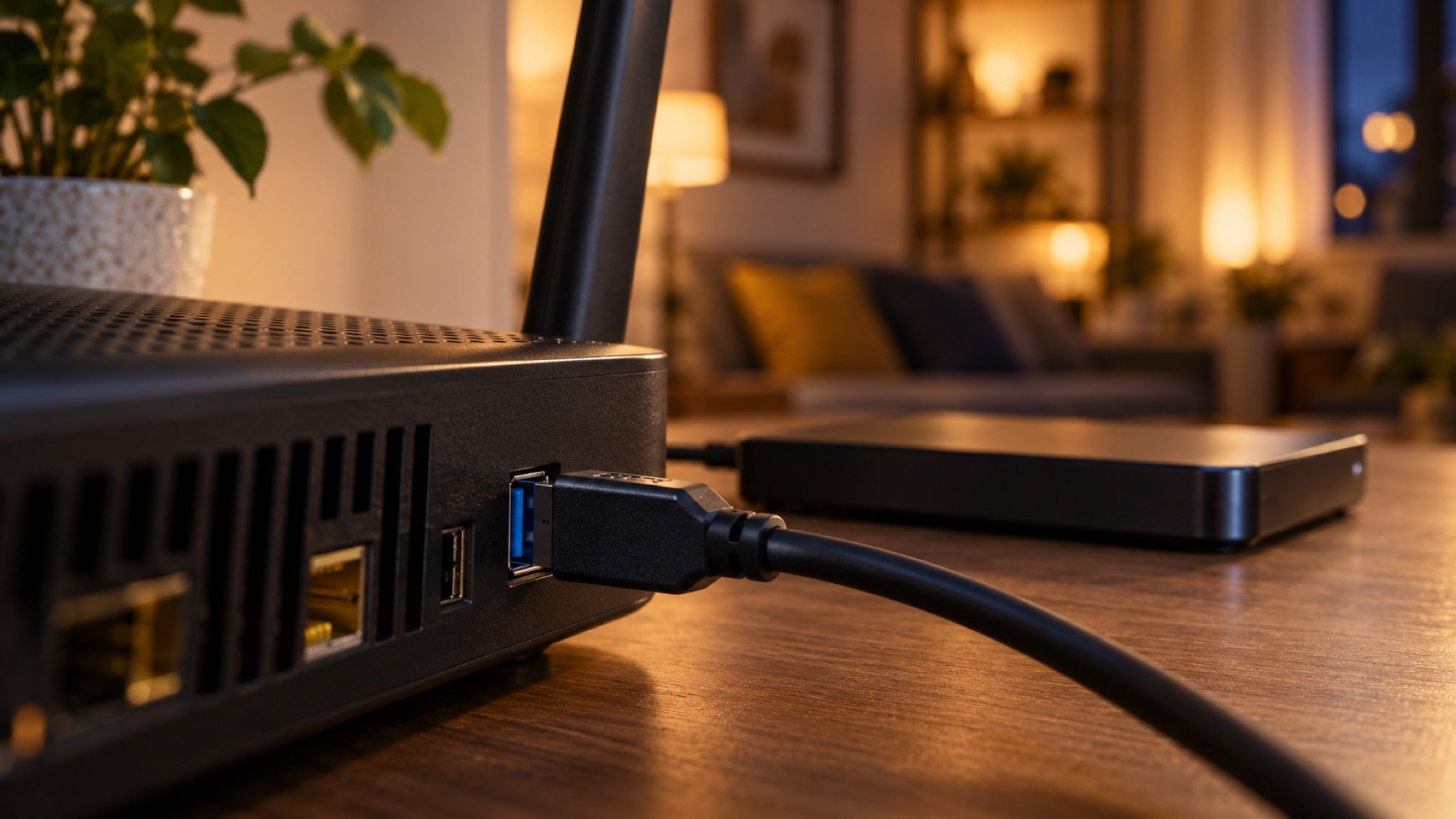 Disco externo conectado por USB a un router WiFi junto a un móvil que muestra el icono de conexión.