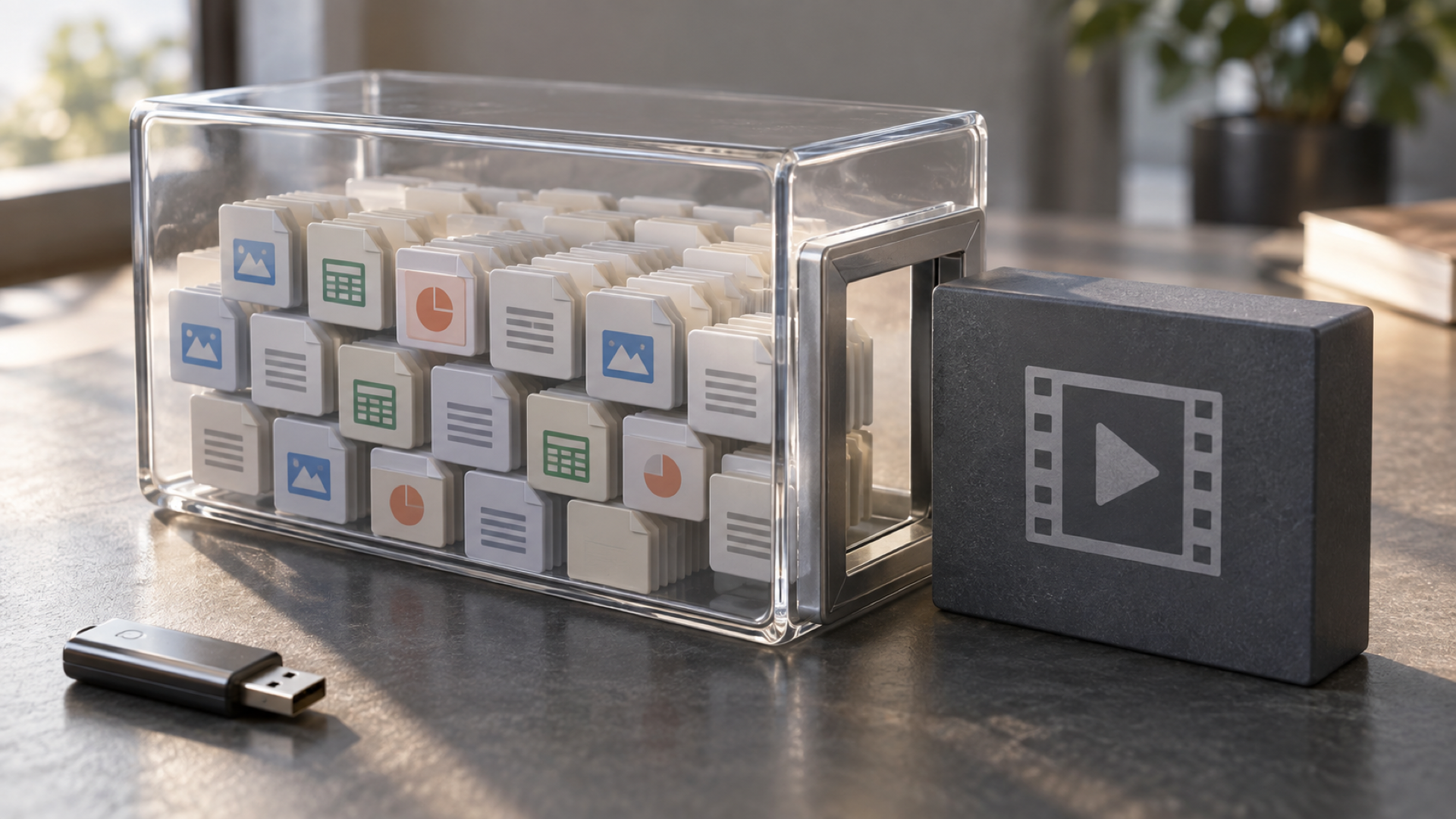 Memoria USB junto a varios iconos de archivos y un vídeo, en una ilustración del límite de FAT32 por archivo.