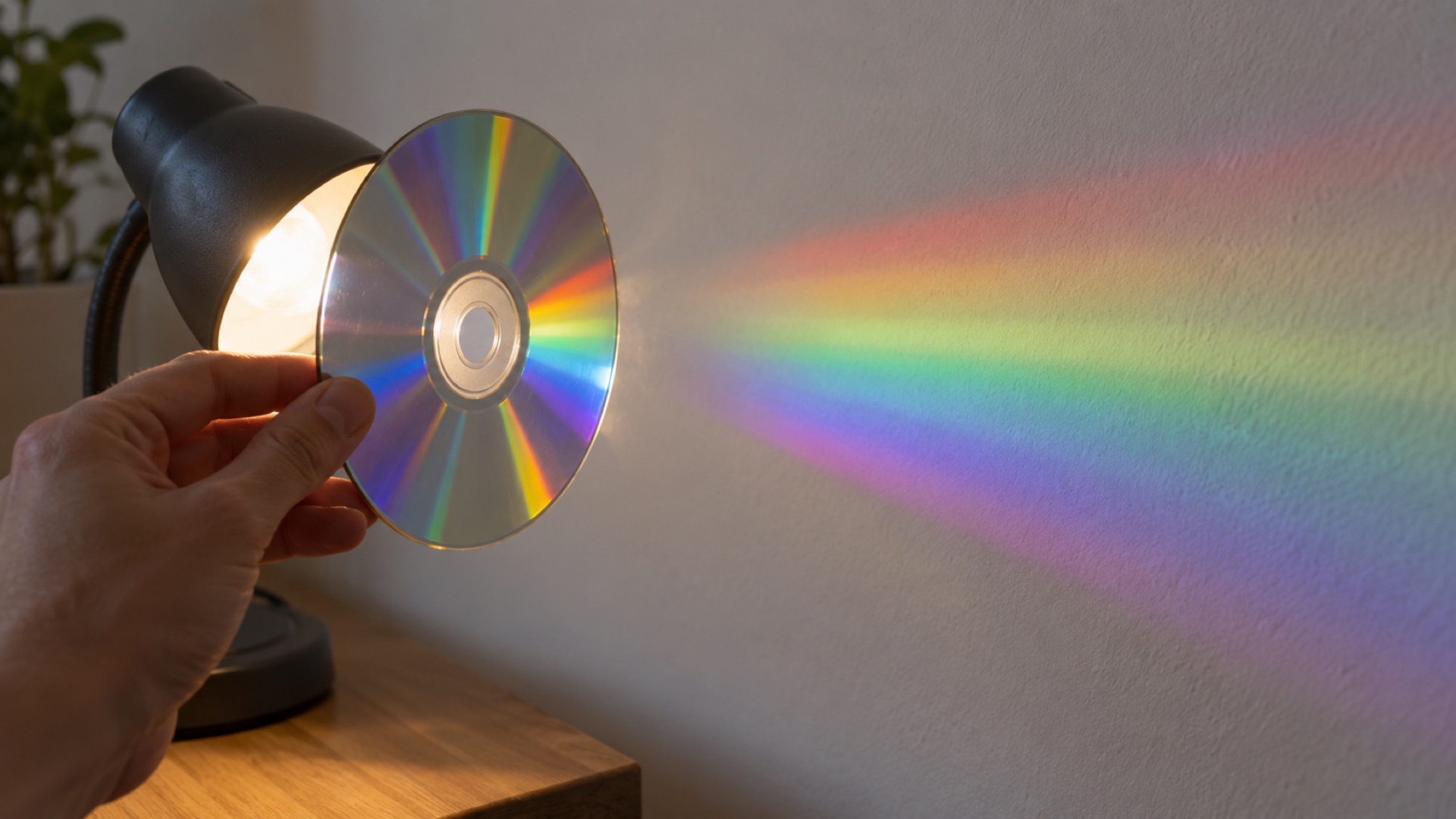 Superficie de un CD reflejando franjas de colores por la difracción de la luz