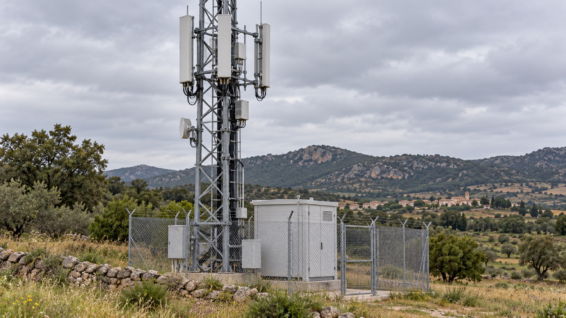Torre de telefonía móvil con antenas y armarios de equipos en un entorno rural.