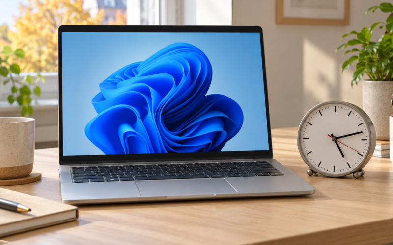 Portátil sobre un escritorio junto a un reloj analógico de mesa.