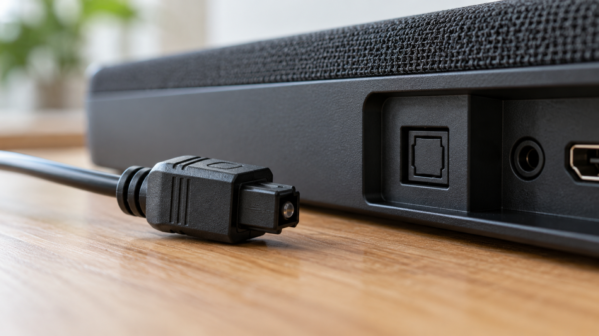 Detalle de un conector de audio óptico junto a una barra de sonido.
