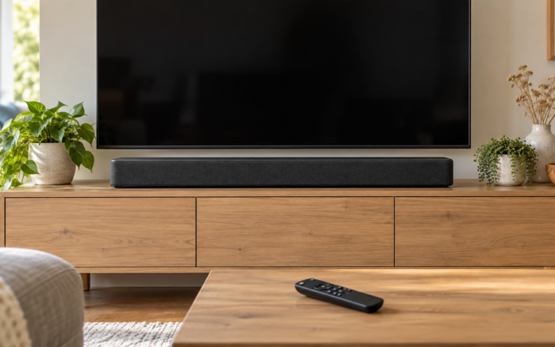 Barra de sonido bajo un televisor apagado con un mando sobre la mesa.