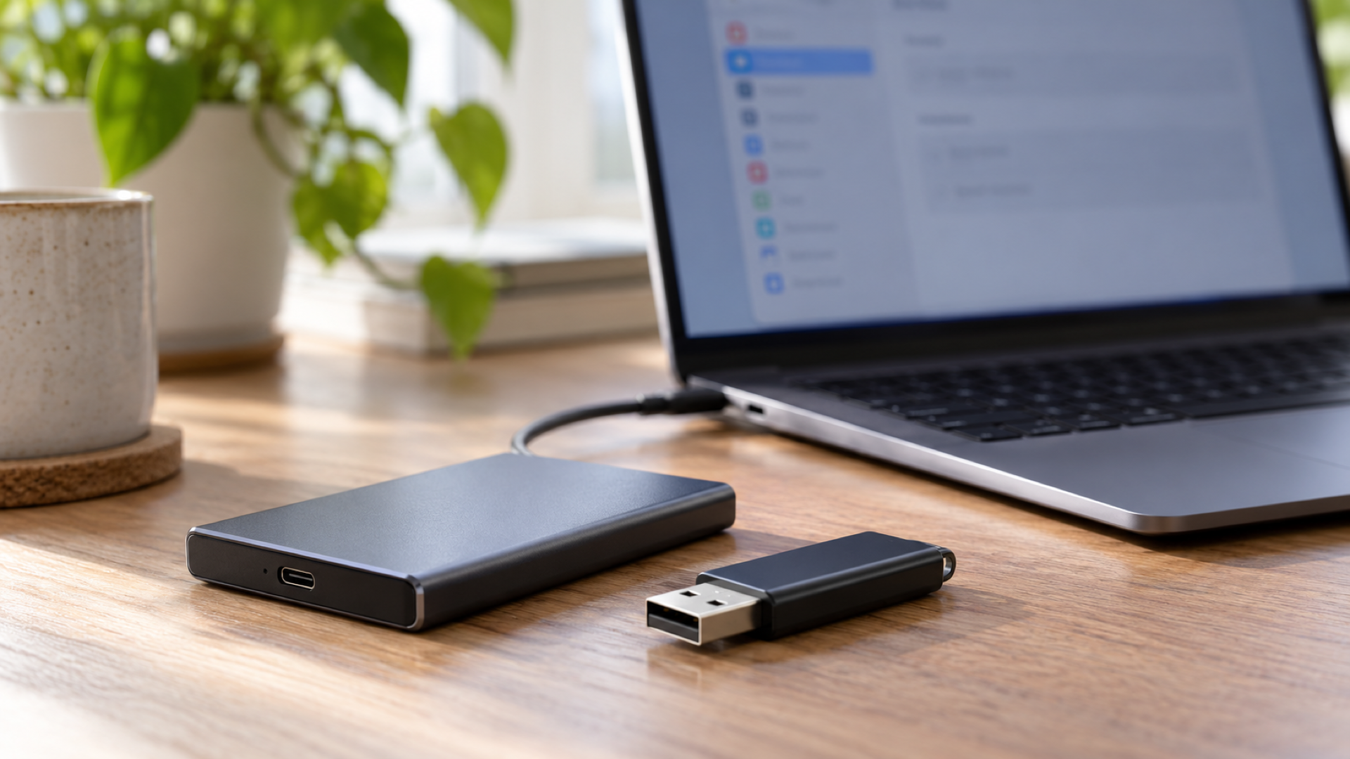 Unidad SSD externa y memoria USB junto a un portátil.