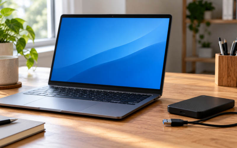 Portátil junto a una unidad externa y un cable USB sobre una mesa.