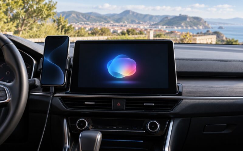 Ilustración del salpicadero de un coche aparcado con un asistente de voz en la pantalla y un móvil conectado.