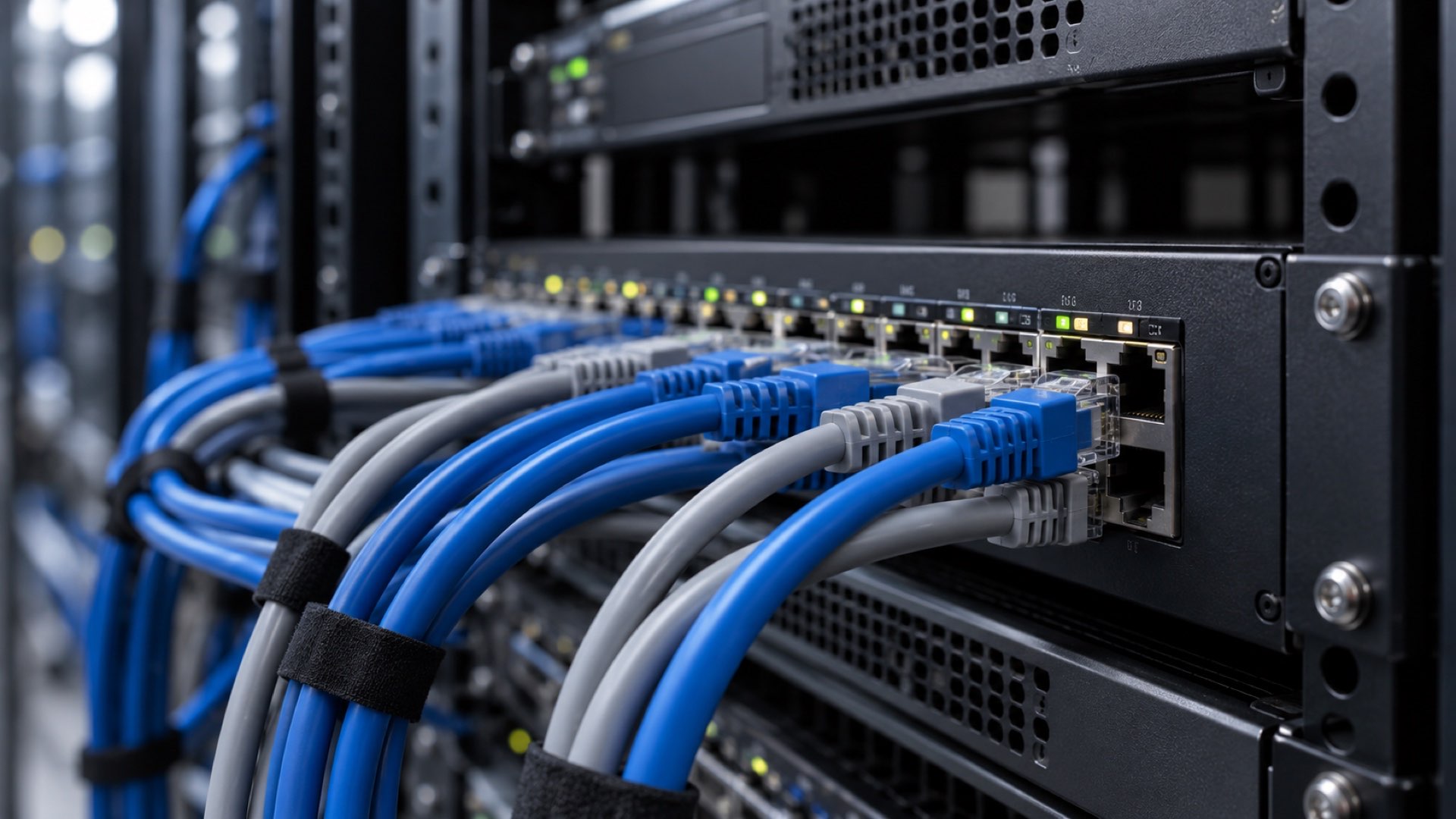Cables Ethernet conectados a un conmutador de red en un bastidor de servidores.
