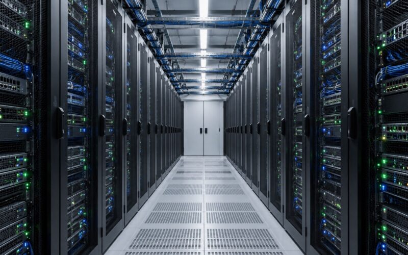 Pasillo de un centro de datos con servidores y luces de estado.