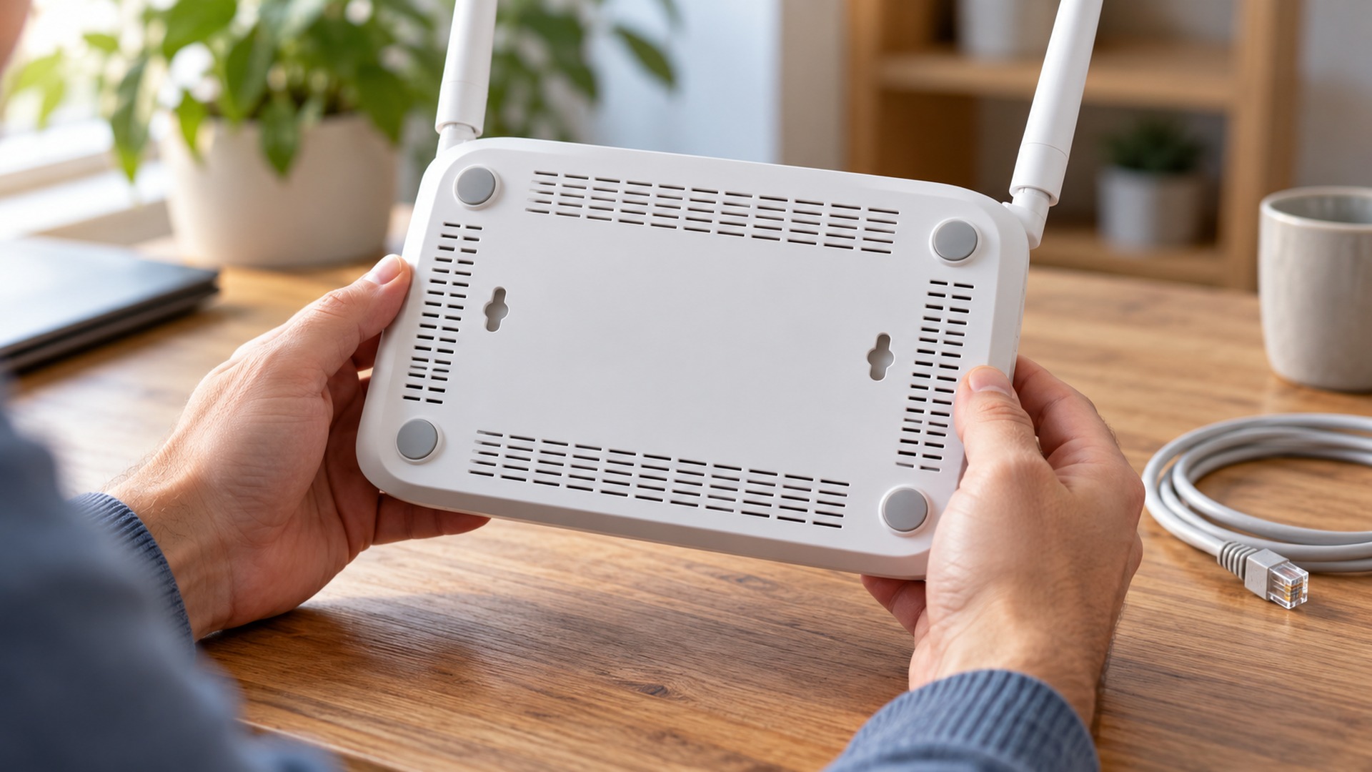 Una persona sostiene un router por su parte inferior para inspeccionar la carcasa.