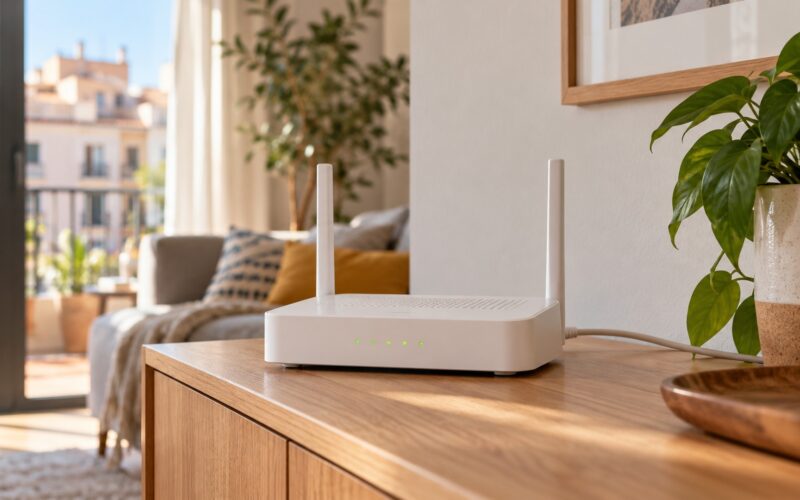 Router blanco con dos antenas sobre un mueble junto a una ventana.